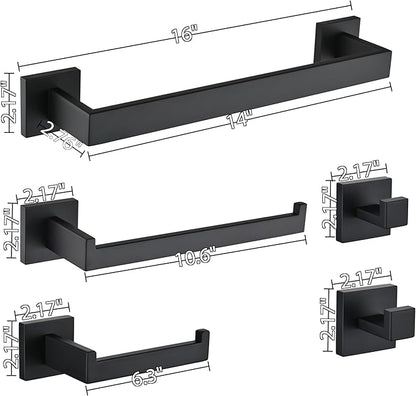5 Piece Bathroom Hardware Set Matte Black, SUS304 Stainless Steel Towel Bar Set, Modern Square Accessories with 16 Inch Rack Toilet Paper Holder Robe Hooks (Matte Black)