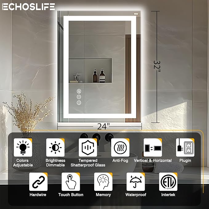 EchosLife 24"x32" LED Bathroom Mirrors for Wall | Backlit + Front Lit, Anti-Fog, Stepless Dimmable, 3 Colors, Memory, Tempered Glass, UL Listed, Horizontal/Vertical