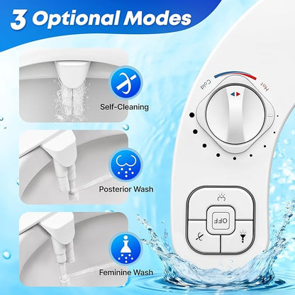 Hot and Cold Bidet Attachment for Toilet, Ultra-Slim Bidet Attachment Warm Water, Non-electric Adjustable Pressure Self Cleaning Dual Nozzle Control for Posterior, Feminine Wash