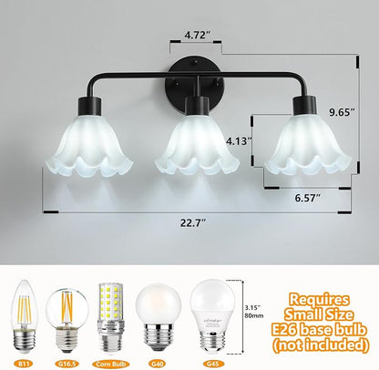 3 Light Black Bathroom Light Fixture,Modern Black Vanity Lighting Over Mirror,Cute White Glass Flower Lampshade,Wall Sconces,E26 Socket(Bulbs Not Included)