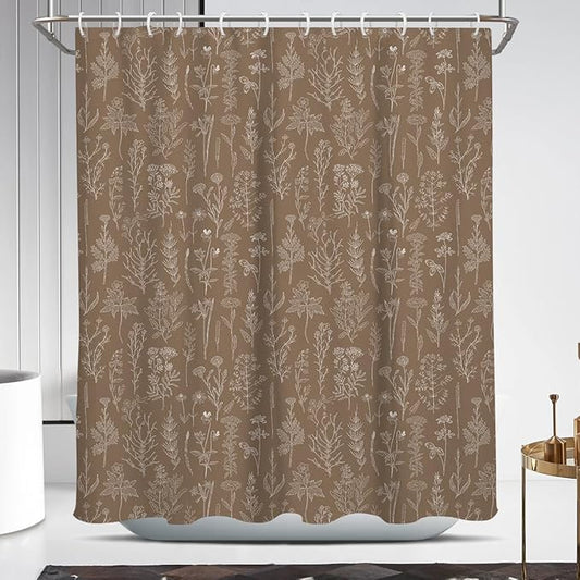 Coxila Brown Floral Shower Curtain Vintage Retro Flower Rustic Country Cute White Spring Wildflower Plant Botanical Cottagecore Leaf Mens Masculine Bathroom 60 x 72 Inch Polyester Fabric 12 Pack Hooks