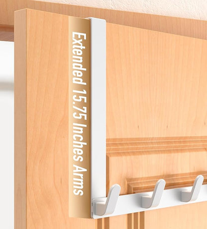 Long Over The Door Hooks with 15.75-inch Arms for Easier Access By Women, Heavy Duty Door Hanger for Winter Coat, L16U, Fits Standard 1 3/8'' Doors, Towel Racks Organization, White
