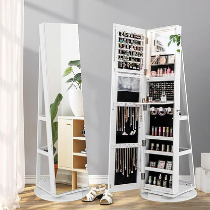 CHARMAID 360° Swivel Jewelry Armoire with Full Length Mirror, Rear Storage Shelves, Lockable Standing Jewelry Cabinet Organizer with Interior Vanity Mirror and 3-Color Lights (White)