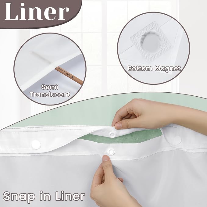 SORTTO No Hook Slub Shower Curtain with Liner, 71x74, Sage Green | Snap in Liner, 3 in 1, Bamboo Texture, Hotel Style, Waterproof Fabric, Mesh Top Window, Corner Magnets, Machine Washable