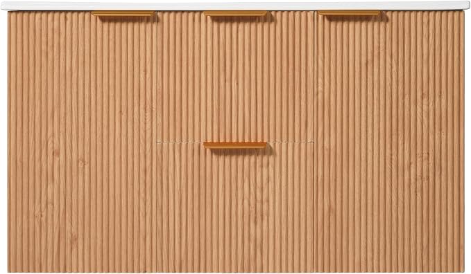 36" Wall Mounted Bathroom Vanity with Ceramic Sink, Modern Floating Bathroom Cabinet with Soft Close Doors & Divided Drawers, MDF Wood Vanity Set for Small Bathroom, Natural Oak