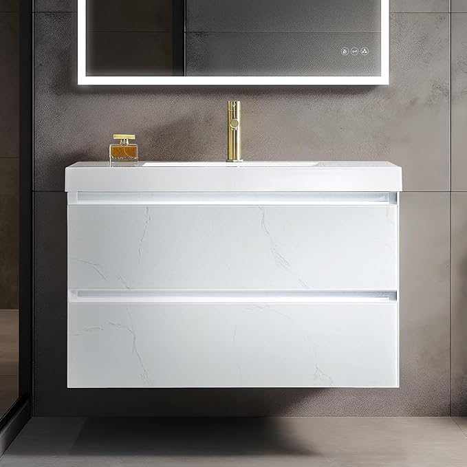Blossom LED Lighted 36 inch Bathroom Vanity with Sink | Wall Mounted Floating Bathroom Vanity with Dimmable LED Lights | Modern Floating Design for Bathrooms | 36" w/Acrylic Sink, Calacatta White
