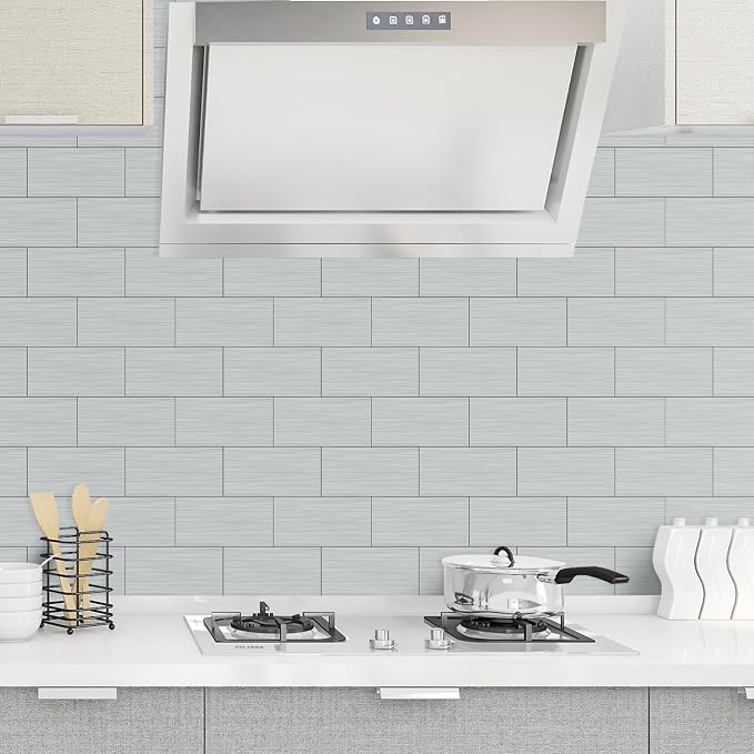 AULIGET 2-Piece Stainless Steel Look Peel and Stick Backsplash Tile, 6" x 12" Silver Aluminum Stick on Tiles for Backsplash Kitchen (Non-Magnetic)
