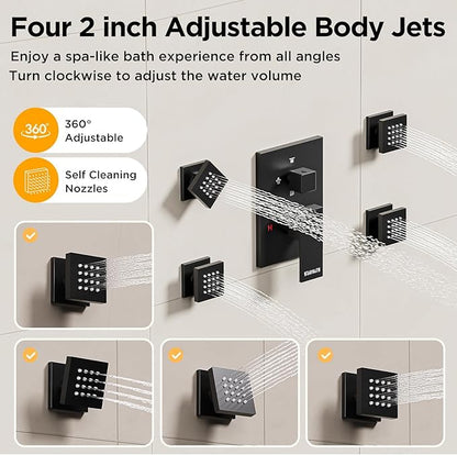 Shower System with Body Jets Matte Black, STARBATH 4 Way 12+6" Shower Faucet Sets Complete with 2 in 1 Handheld,Ceiling Mounted Rainfall Dual Shower Head with 4 Body Spray Jets, Shower Jets System