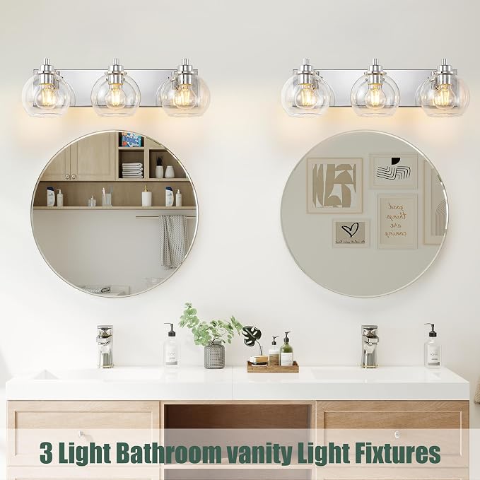 3 Light Bathroom Light Fixtures-Chrome Bathroom Vanity Lights, Modern Vanity Lights 3-Light Bathroom Lighting Fixtures Over Mirror with Clear Glass Globe Shade