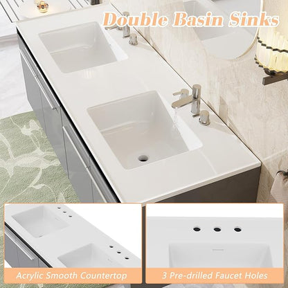 AMERLIFE 60" LED Floating Bathroom Double Vanity with Sink, Modern High Gloss Wall Mounted Bathroom Storage Cabinet with 3 Hole Sink, Metal Handles & Soft Closing Doors, Grey