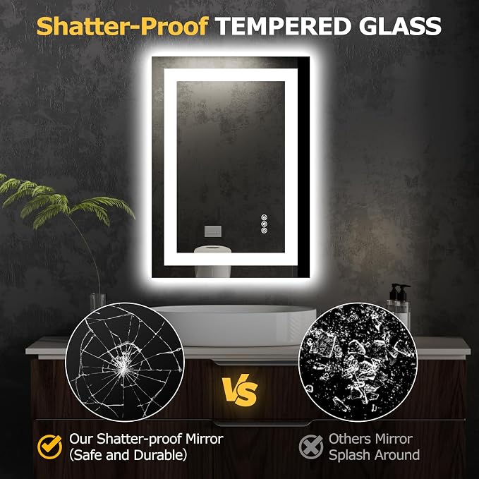 Hivone 28"X20" LED Bathroom Mirror with Lights, Anti-Fog, Dimmable, Backlit + Front Lit, Smart Bathroom Vanity Mirror, Memory Function, Shatterproof, Tempered Glass (Horizontal/Vertical)