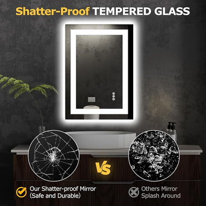 Hivone 28"X20" LED Bathroom Mirror with Lights, Anti-Fog, Dimmable, Backlit + Front Lit, Smart Bathroom Vanity Mirror, Memory Function, Shatterproof, Tempered Glass (Horizontal/Vertical)