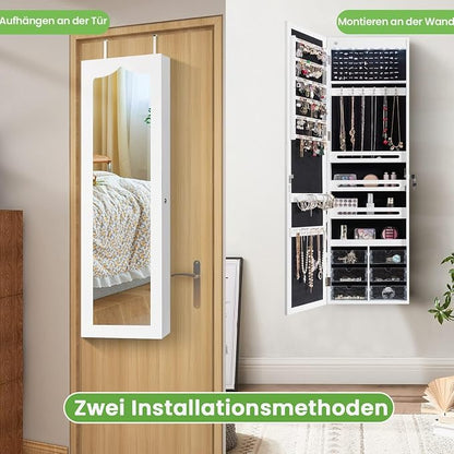 Hanging Jewellery Cabinet, Sail Cabinet with LED Lighting, Mirror and 6 Drawers, Wall Cabinet for Door and Wall Mounting, Jewellery Cabinet for Jewellery & Cosmetics Storage, White