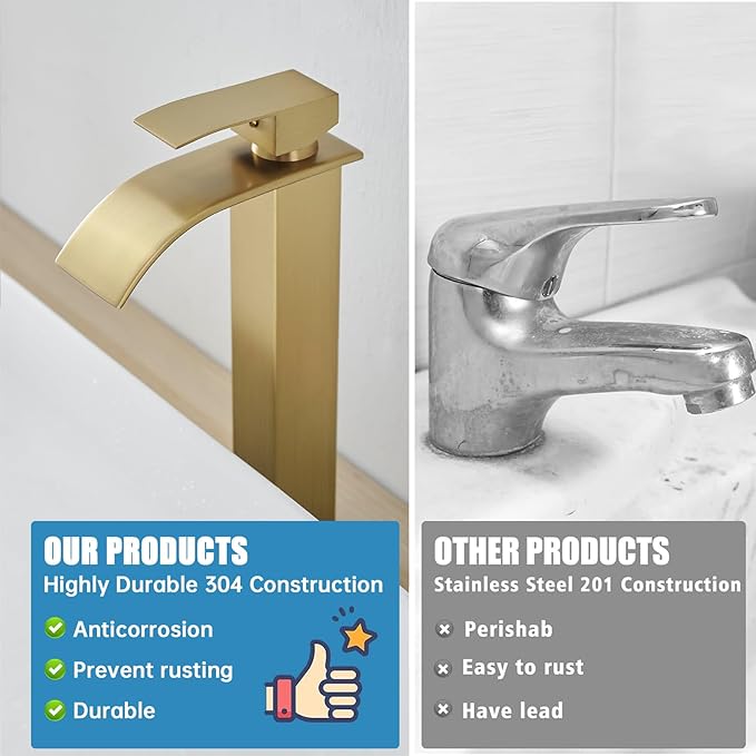 RUMOSE Tall Brushed Gold Bathroom Faucet with Pop Up Drain Modern Single Handle One Hole Bathroom Vessel Sink Faucet Waterfall Spout Rv Lavatory Vanity Faucet Deck Mount Mixer Tap, Stainless Steel