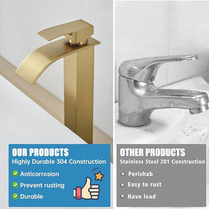 RUMOSE Tall Brushed Gold Bathroom Faucet with Pop Up Drain Modern Single Handle One Hole Bathroom Vessel Sink Faucet Waterfall Spout Rv Lavatory Vanity Faucet Deck Mount Mixer Tap, Stainless Steel