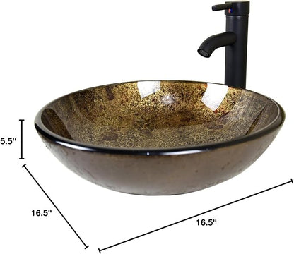Bathroom Luxury Elegant Tempered Round Artistic Solid Glass Vessel Sink with Oil Rubbed Bronze Faucet & Pop-Up Drain Combo