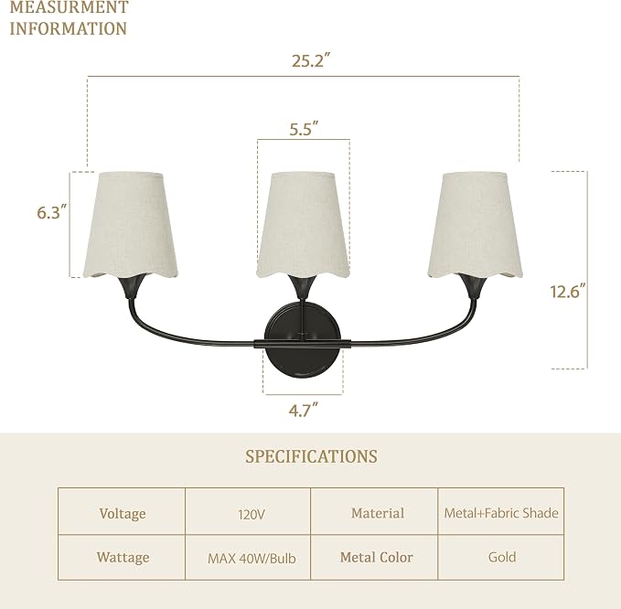 Morauroral Bathroom Light Fixtures Over Mirror, 3 Light Vanity Light for Bathroom, Black Vanity Light Fixtures with Fabric Linen Shade, E26 Socket Sconce Wall Decor(ETL Listed)