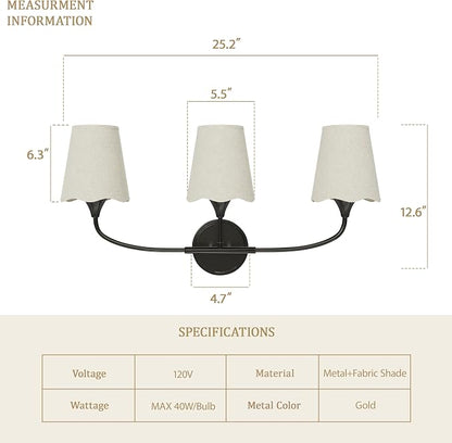 Morauroral Bathroom Light Fixtures Over Mirror, 3 Light Vanity Light for Bathroom, Black Vanity Light Fixtures with Fabric Linen Shade, E26 Socket Sconce Wall Decor(ETL Listed)