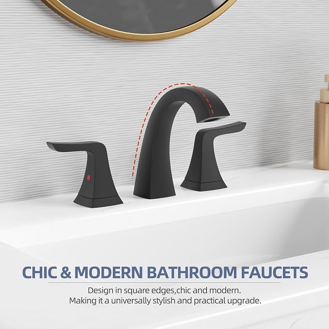 VXV Matte Black Bathroom Sink Faucet 3 Hole Widespread, 8 Inch Vanity Faucet with Pop-Up Drain & Pre-Attached Supply Lines for Easy DIY Installation, Faucet for Bathroom Sink, RV