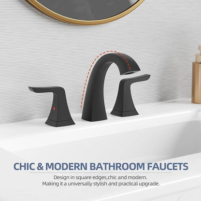 VXV Matte Black Bathroom Sink Faucet 3 Hole Widespread, 8 Inch Vanity Faucet with Pop-Up Drain & Pre-Attached Supply Lines for Easy DIY Installation, Faucet for Bathroom Sink, RV