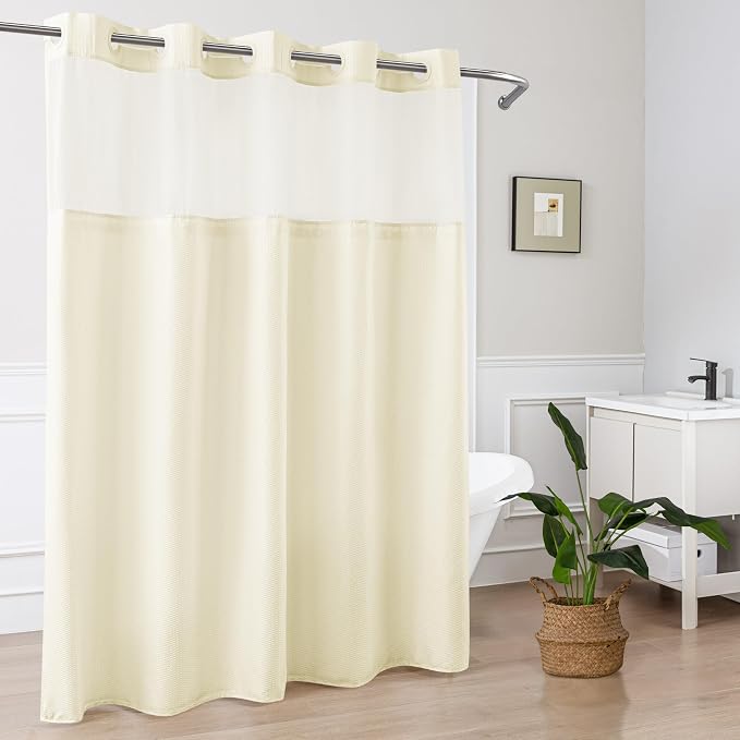 No Hook Cream Shower Curtain with Snap-in Fabric Liner 71x74 | Embossed Waffle-Look Textured, Sheer Window, Soft & Lightweight, Water Repellent Fabric Shower Curtain for Bathroom