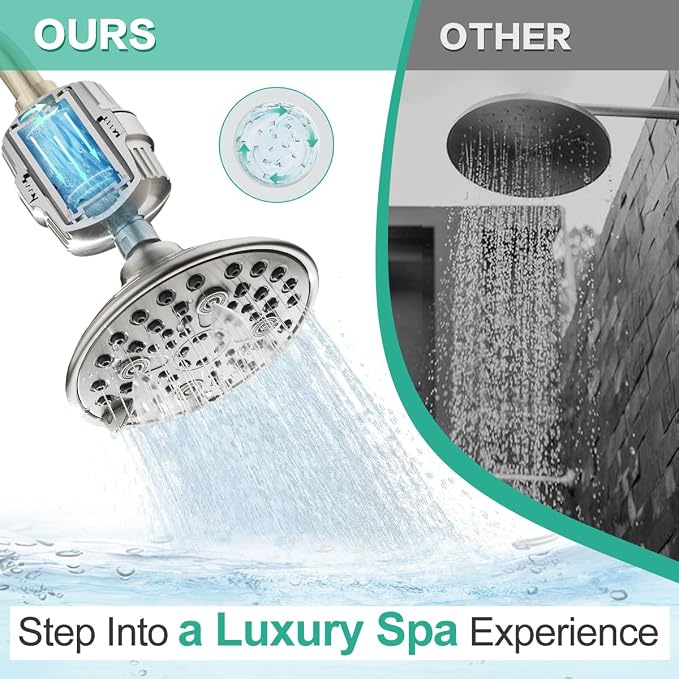 Cobbe 6 Spray High Pressure Filtered Shower Head for Hard Water Combo | Rain Showerhead with 20 Stage Water Softener for Healthier Skin & Hair Remove Chlorine and Harmful Substances, Brushed Nickel