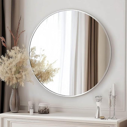 Round Mirror, 26 inch Silver Circle Mirror,Bruhsed Nickel Metal Frame | High Definition,Waterproof,Rust-resistant,Round Mounted Mirrors for Bathroom,Living Room,Bedroom,Hallyway,Vanity,Wall Décor