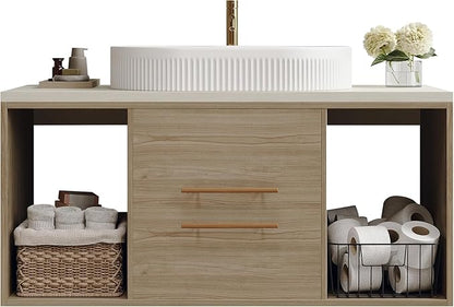 Pvillez 40 Inch Modern Bathroom Vanity Floating Bathroom Vanities with Above-Ground Oval Sink 40" Wall Mounted Bathroom Sink Cabinet with 2 Drawers&2 Open Shelves&Gold Metal Handle, Oak