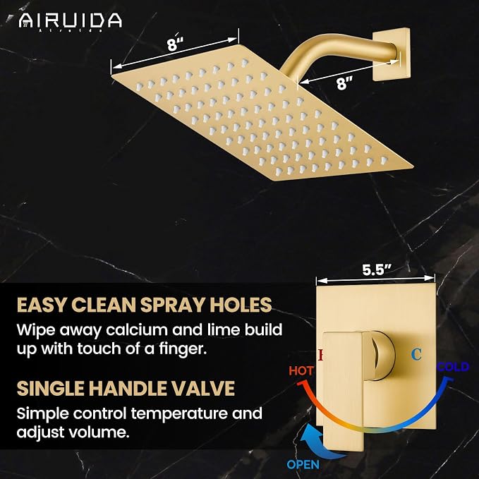 Airuida Shower Faucet Set,8 Inch Shower Valve Kit,Brushed Gold | Male Threads,Rough-in Valve Shower Trim Kit,Single Handle Control Shower Set