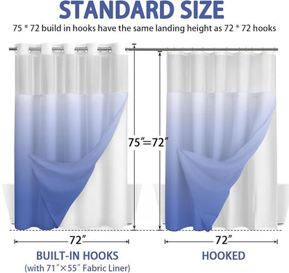 No Hook Shower Curtain and Liner Set,Ombre Light Blue Hotel Waffle Shower Curtain with Liner 75" L x 72" W