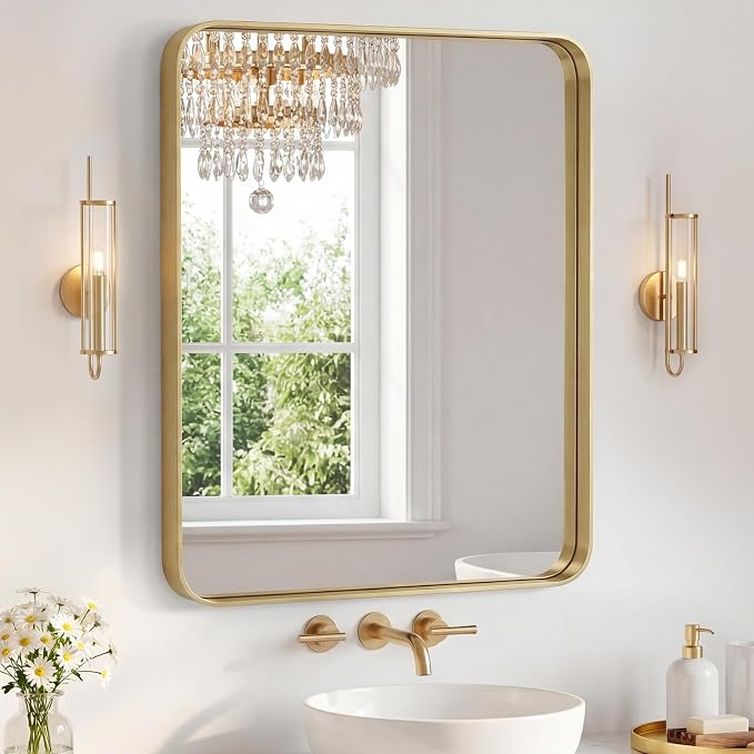 OLIXIS Bathroom Mirror for Over Sink, 30x36 Inch Wall Mount Mirror, Gold | Rounded Rectangle Mirror with Matte Metal Framed, Modern Wall Vanity Mirror for Home Decor, Living Room