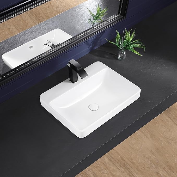 Vessel Sink 23"x18" Semi Recessed Bathroom Sink Drop-in White Bathroom Sink Porcelain Ceramic Modern Rectangular Sinks Drop-in Vanity Sinks with Overflow for Bathrooms