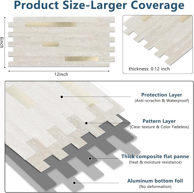 Yipscazo 10 Sheets PVC Wall Tiles Stick on Tiles for Backsplash Kitchen, Bathroom, Laundry Room, Camper, Fireplace (6'' X 12'', Beige Cave Stone)