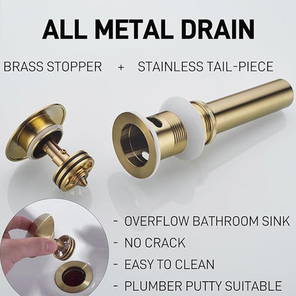 Brushed Gold 8 Inch Widespread Bathroom Faucet, 2-Handle Brass Vanity Sink Faucet 3 Hole with Metal Overflow Drain and cUPC Waterlines, 360-Degree Swivel Spout