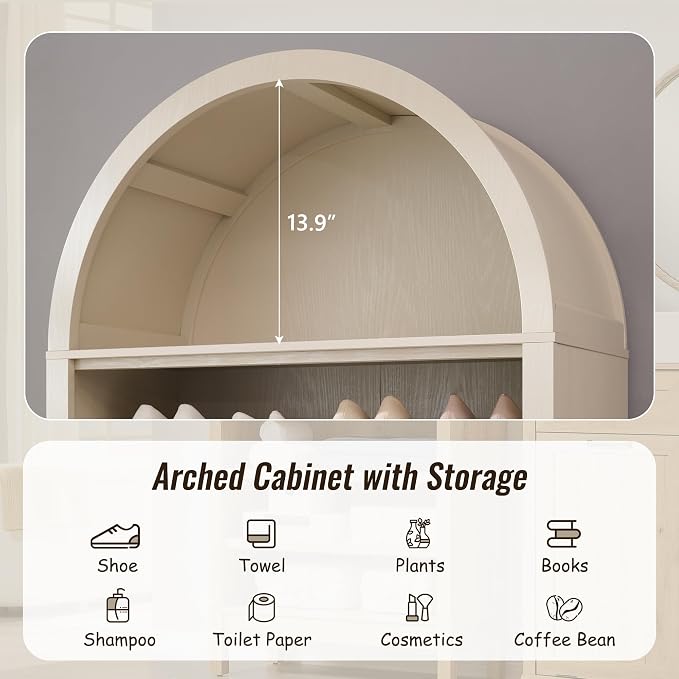 IFBUY 71" Tall Arched Bathroom Storage Cabinet, 7-Tier Modern Farmhouse Storage Cabinet with Adjustable Shelves, Wood Freestanding Cabinet for Bathroom, Living Room, Entryway, Hallway (Cream)