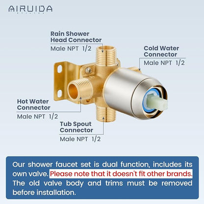 Airuida 12 Inch Brushed Nickel Shower Faucet Set,Rainfall Shower System | Ceiling Shower Head,Male Thread Rough-in Valve,Ceiling Mount,Single Handle