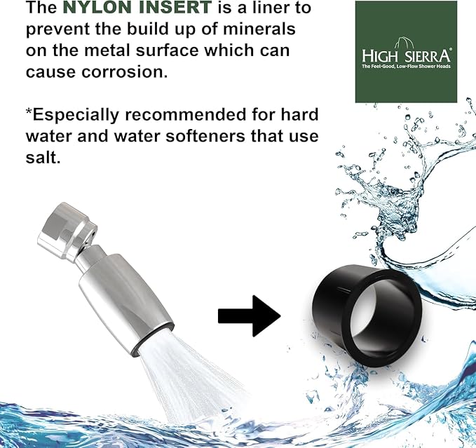 High Sierra® Solid Lead-Free Metal Handheld Shower Head, Built-in Trickle Valve, Patented single Nozzle Never Clogs. Shower Hose and Holder Not Included. High Pressure 2.0 GPM. Polished Brass