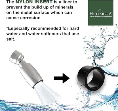 High Sierra® Solid Lead-Free Metal Handheld Shower Head, Built-in Trickle Valve, Patented single Nozzle Never Clogs. Shower Hose and Holder Not Included. Low Flow 1.8 GPM. Brushed Gold