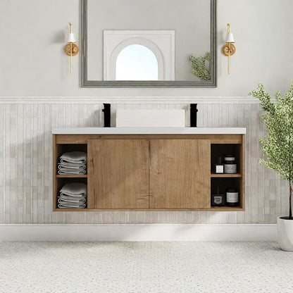 Floating Bathroom Vanity, 48" Bathroom Storage Cabinet with Double Resin Sinks, 2 Soft-Close Doors & 4 Open Storage Shelves, Modern Wall-Mounted Vanity with 45° Bevel Handles, Oak