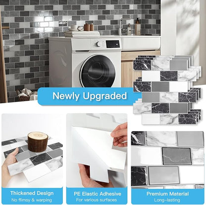 Art3d 10-Pack Marble Wall Tiles Peel and Stick Backsplash, Black White Grey | 12 x 12 Inch, Thickened Design, No Warping, Durable, Self-Adhesive, for Kitchen, Bedroom Decor, Ideal for New Home Buyers