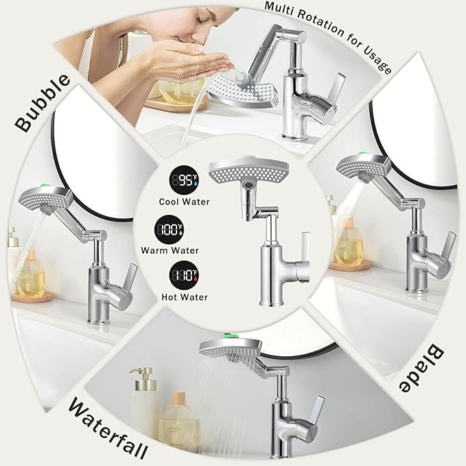 Rotatable Rain Faucet, Single Hole 360° Rotatable Bathroom Faucet, Single Handle Modern Bathroom Sink Faucet with LED Temperature Display(No Batteries) in Fahrenheit, 3 Water Modes-Chrome