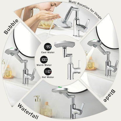 Rotatable Rain Faucet, Single Hole 360° Rotatable Bathroom Faucet, Single Handle Modern Bathroom Sink Faucet with LED Temperature Display(No Batteries) in Fahrenheit, 3 Water Modes-Chrome