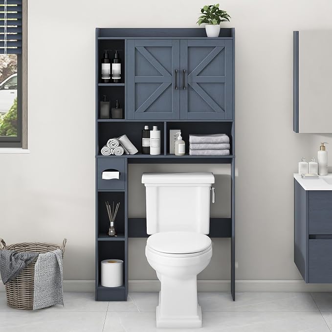 Vabches Over The Toilet Storage Cabinet with 2 Barn Doors, Blue | Farmhouse Storage Cabinet with Toilet Paper Holder Stand，Home Space-Saving Toilet Rack, for Bathroom, Restroom, Laundry