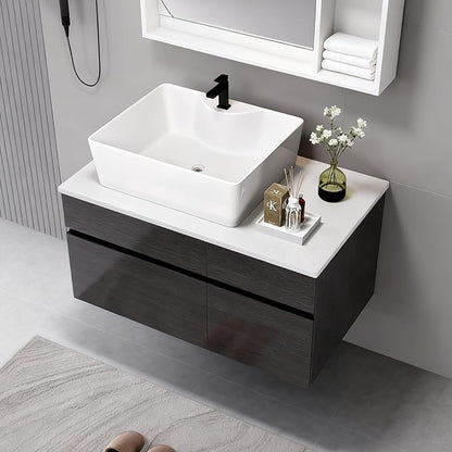 32" Modern Black Bathroom Vanity Sink Set Wall-Mounted Bathroom Vanities with Above Ceramic Sink 32 inch Floating Wood Bathroom Sink Cabinet with 1 Drawers and 2 Storage Cabinets