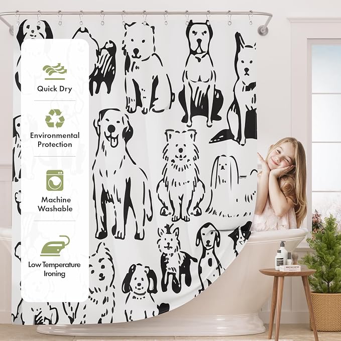 AmazerBath Shower Curtain, Washable Cloth Cute Dogs Kids White and Black Shower Curtain Set with 12 Shower Curtain Hooks, Kawaii Pet Puppy Waterproof Shower Curtains for Bathroom Decor, 72x72 Inches