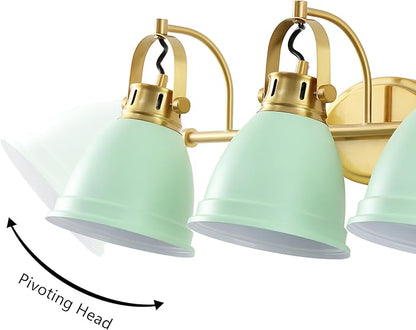 JONATHAN Y 25.5" Mint Green/Brass Gold 3-Light LED Vanity Light, Adjustable Wall Sconce for Bathroom Mirror, Farmhouse Bohemian Kitchen Light, Iron Black Bell Shade (JYL1116D)