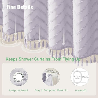 Dynamene Lavender Boho Shower Curtain and Liner Set, Farmhouse Fabric Shower Curtain and Waterproof Clear Liner, Tufted Chevron Striped Textured Tassel Shower Curtains for Bathroom, 12 Hooks, 72x72