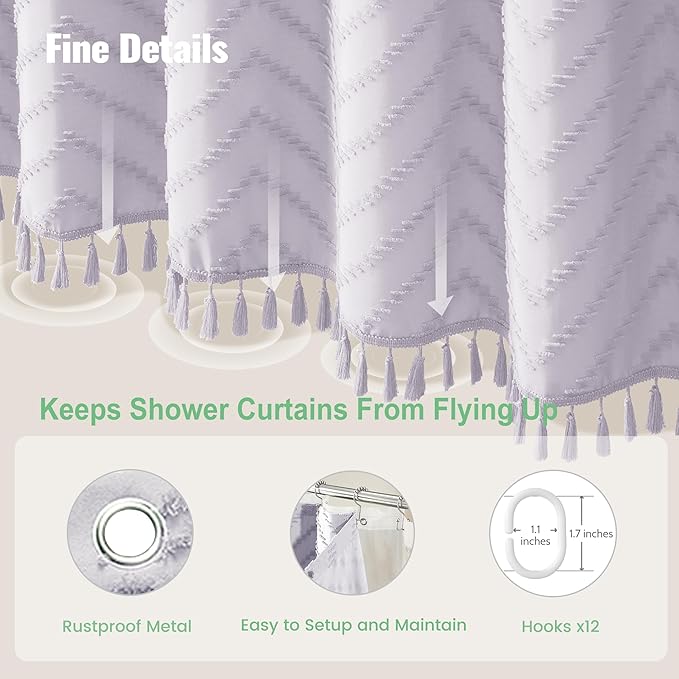 Dynamene Extra Long Shower Curtain and Liner Set - 96 inch Tall Boho Shower Curtain and Waterproof Clear Liner, Tufted Chevron Striped Tassel Shower Curtains for Bathroom, 12 Hooks, 72x96, Lavender