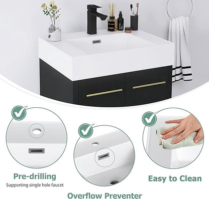 24 Inch Floating Bathroom Vanity,24" Bathroom Vanity with Sink,Modern Single Sink Bathroom Vanity Combo,Black Wall Mounted Cabinet Set