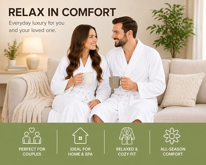 BIOLINEN 100% Cotton Terry Shawl Collar Bathrobe with Slippers